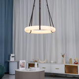 Modern Alabaster Ring LED Pendant Light with Leather Strap Detail