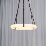 Modern Alabaster Ring LED Pendant Light with Leather Strap Detail