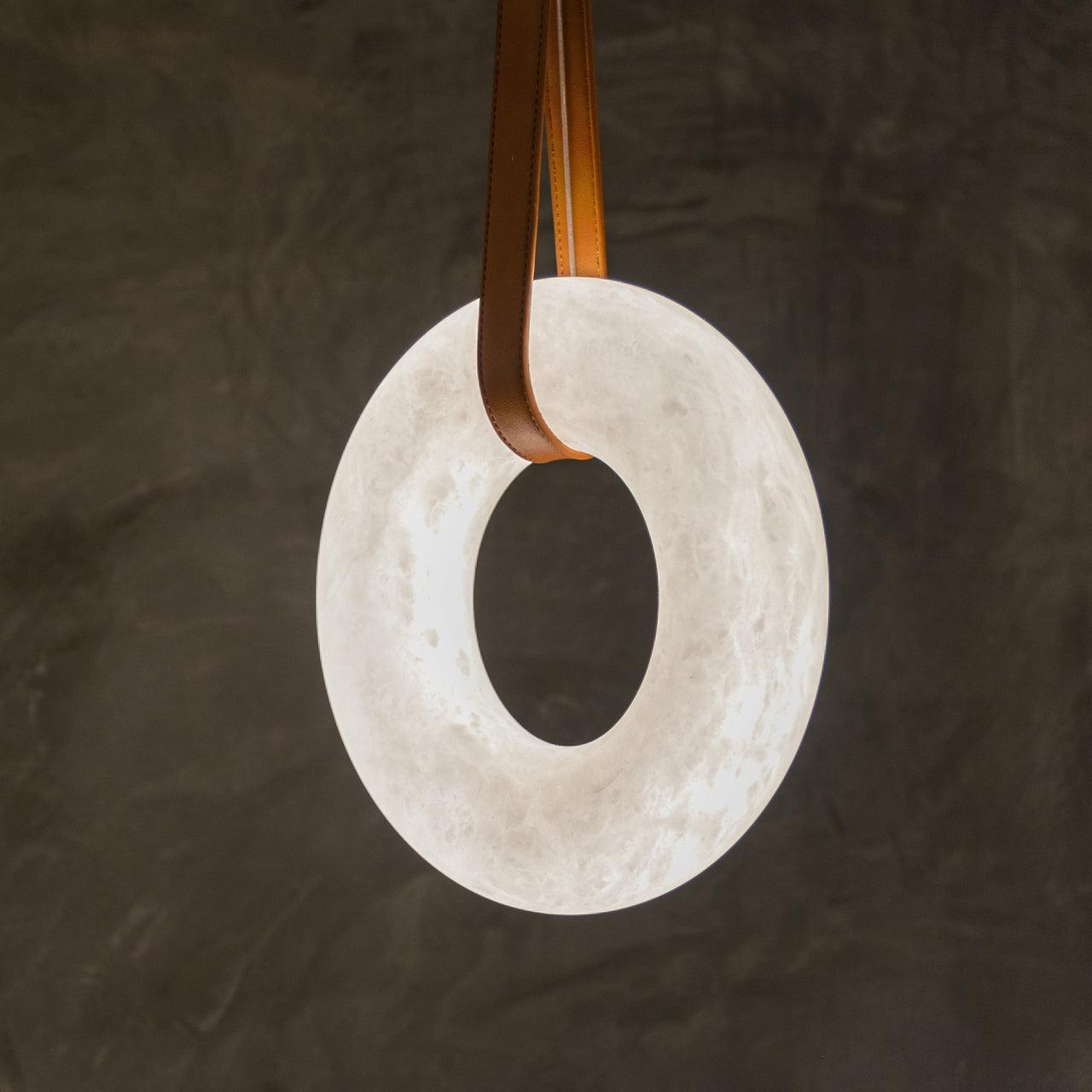 Modern Alabaster Ring LED Pendant Light with Leather Strap Detail