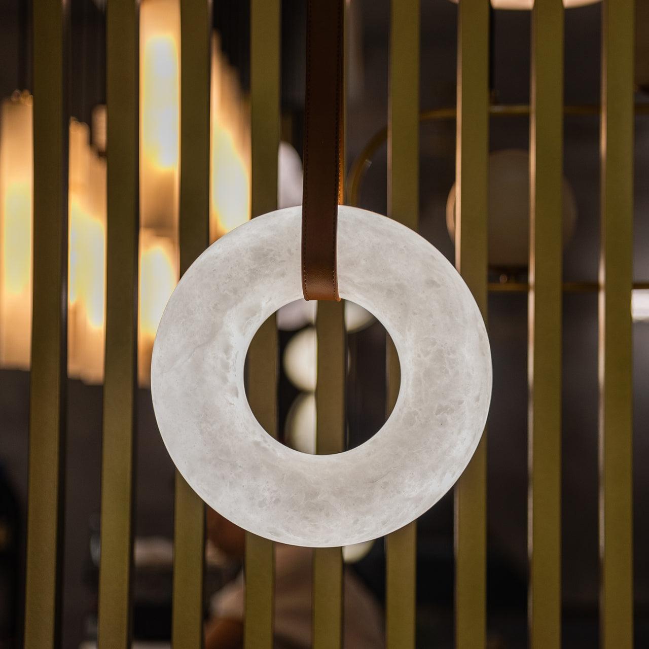 Modern Alabaster Ring LED Pendant Light with Leather Strap Detail