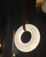 Modern Alabaster Ring LED Pendant Light with Leather Strap Detail