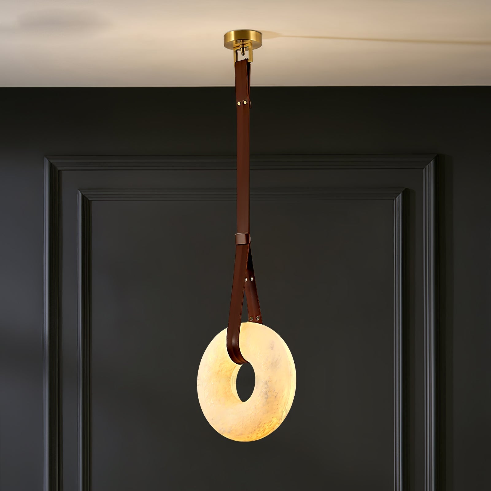 Modern Alabaster Ring LED Pendant Light with Leather Strap Detail