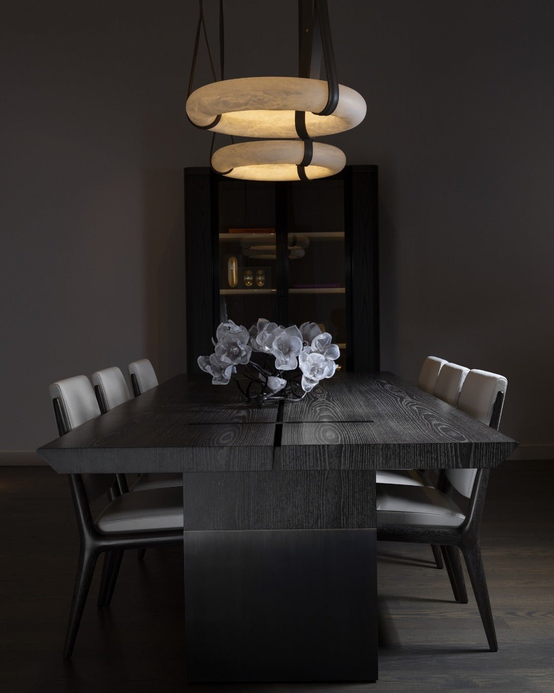 Modern Alabaster Ring LED Pendant Light with Leather Strap Detail
