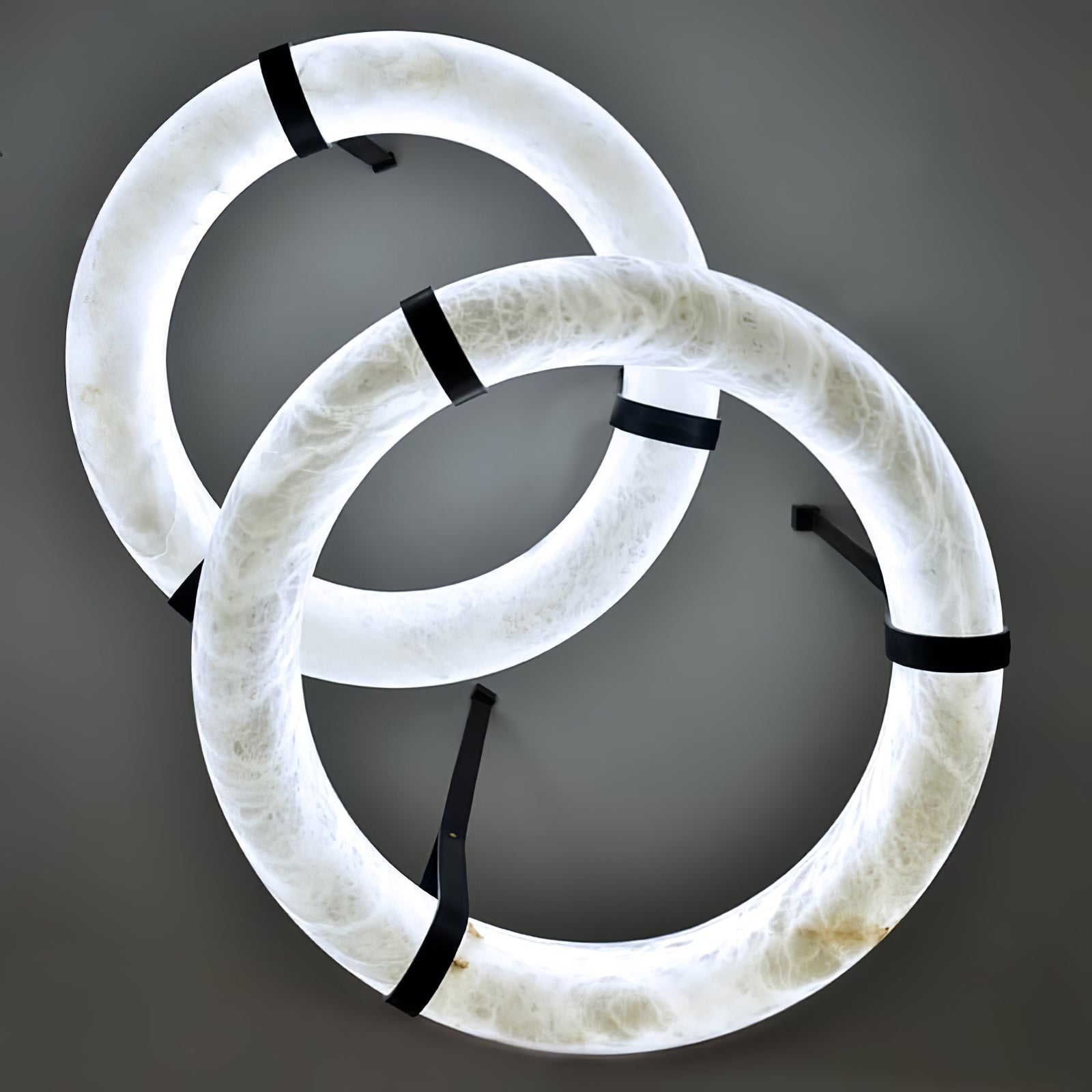 Modern Alabaster Ring LED Pendant Light with Leather Strap Detail