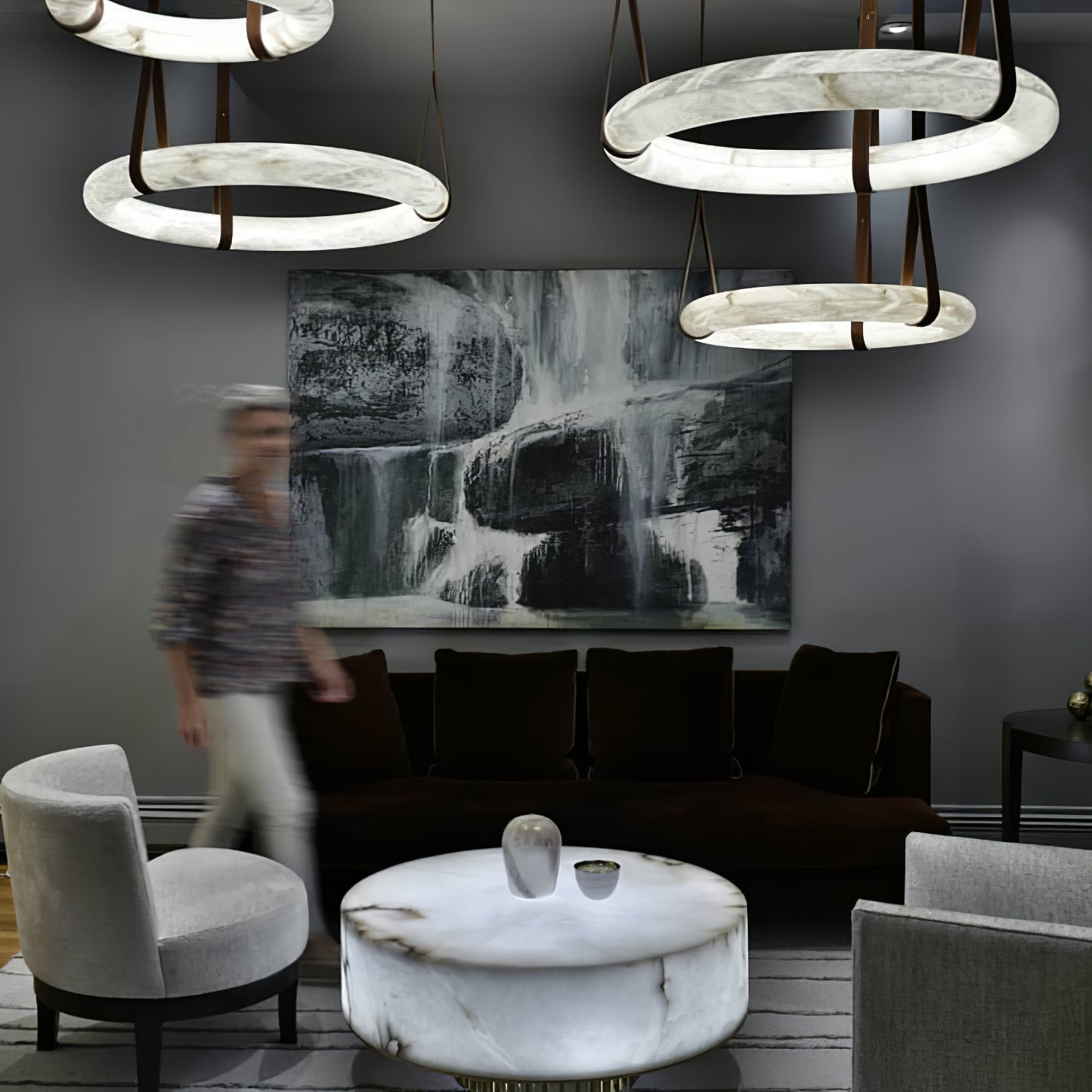 Modern Alabaster Ring LED Pendant Light with Leather Strap Detail