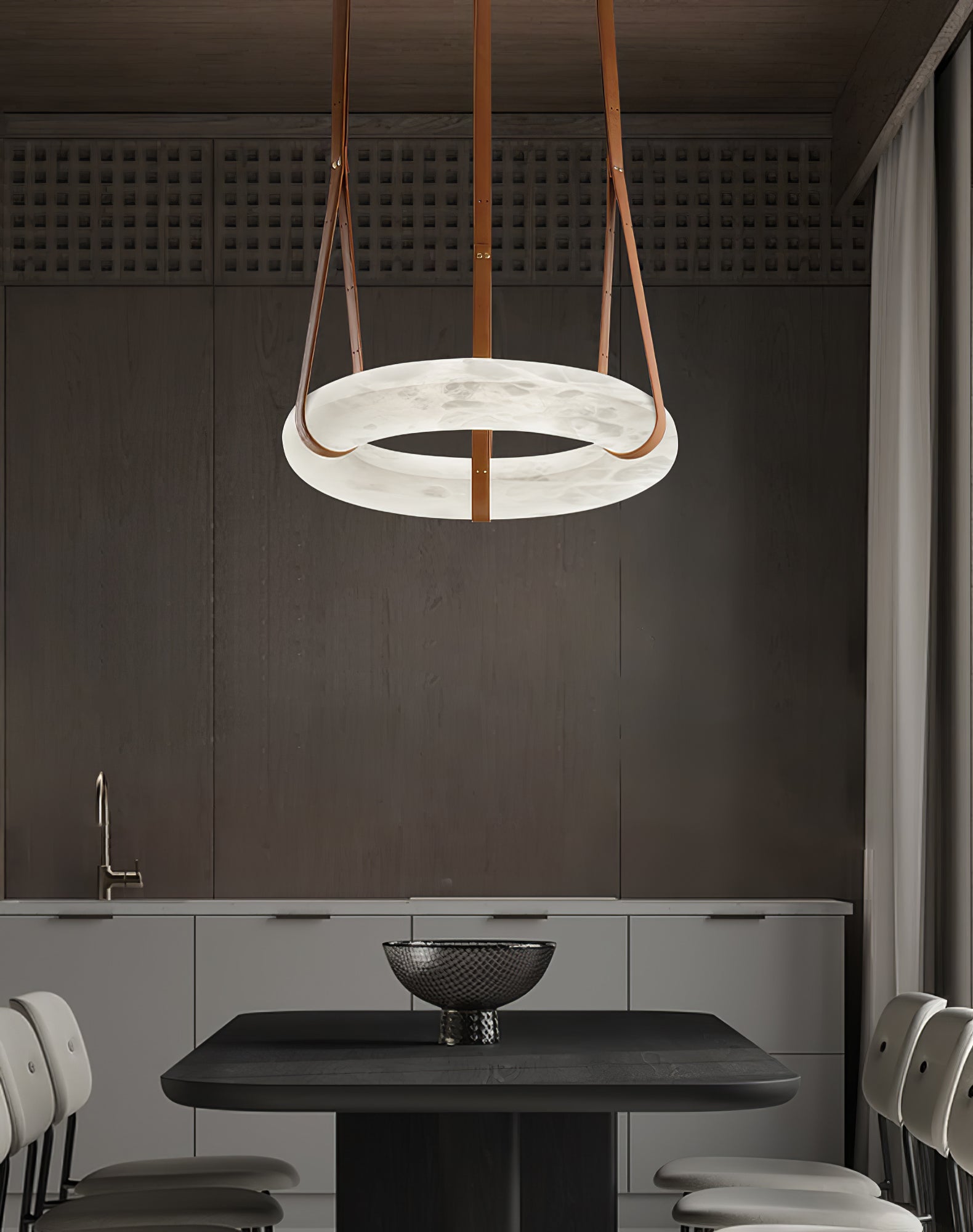 Modern Alabaster Ring LED Pendant Light with Leather Strap Detail