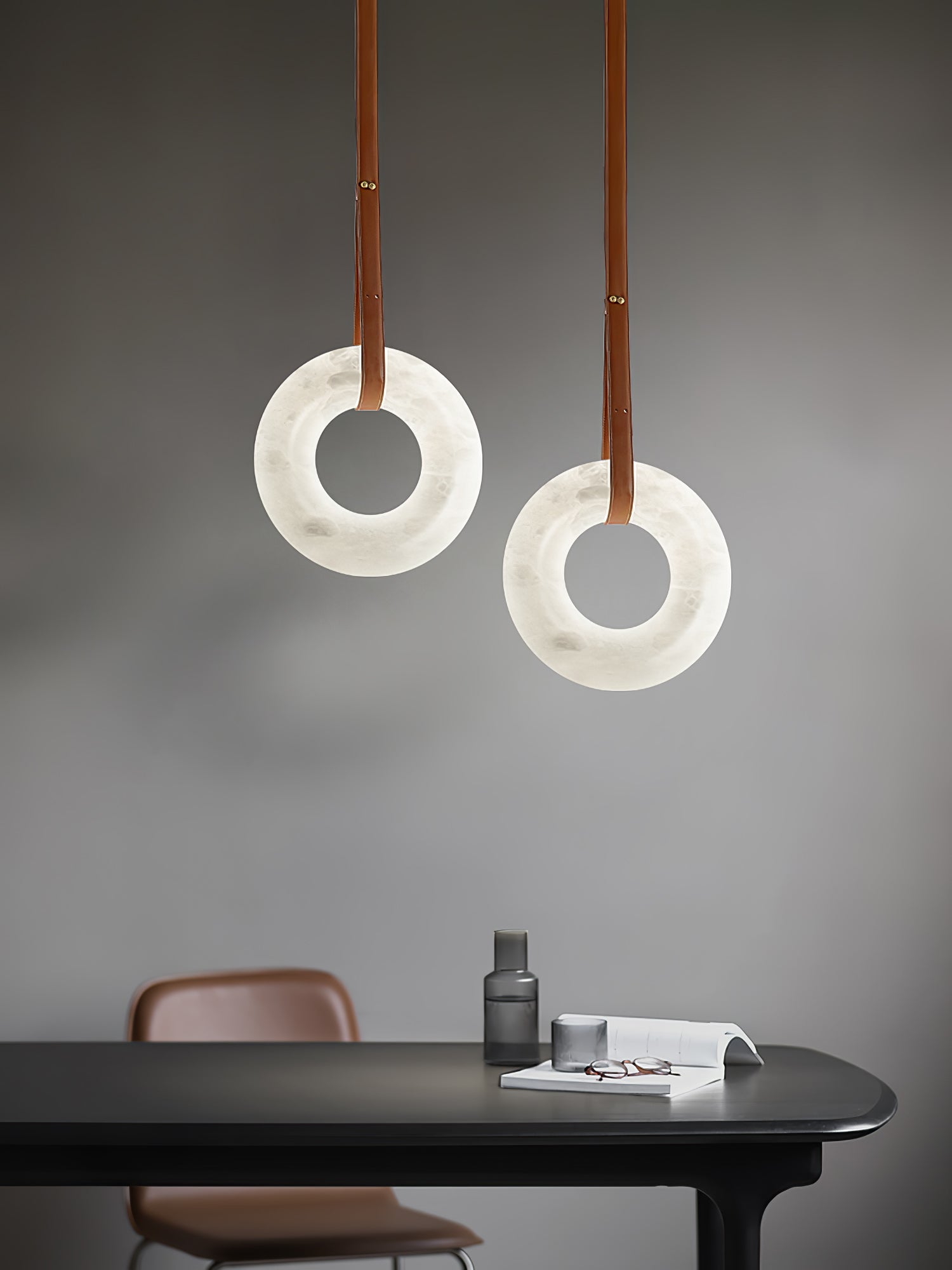 Modern Alabaster Ring LED Pendant Light with Leather Strap Detail