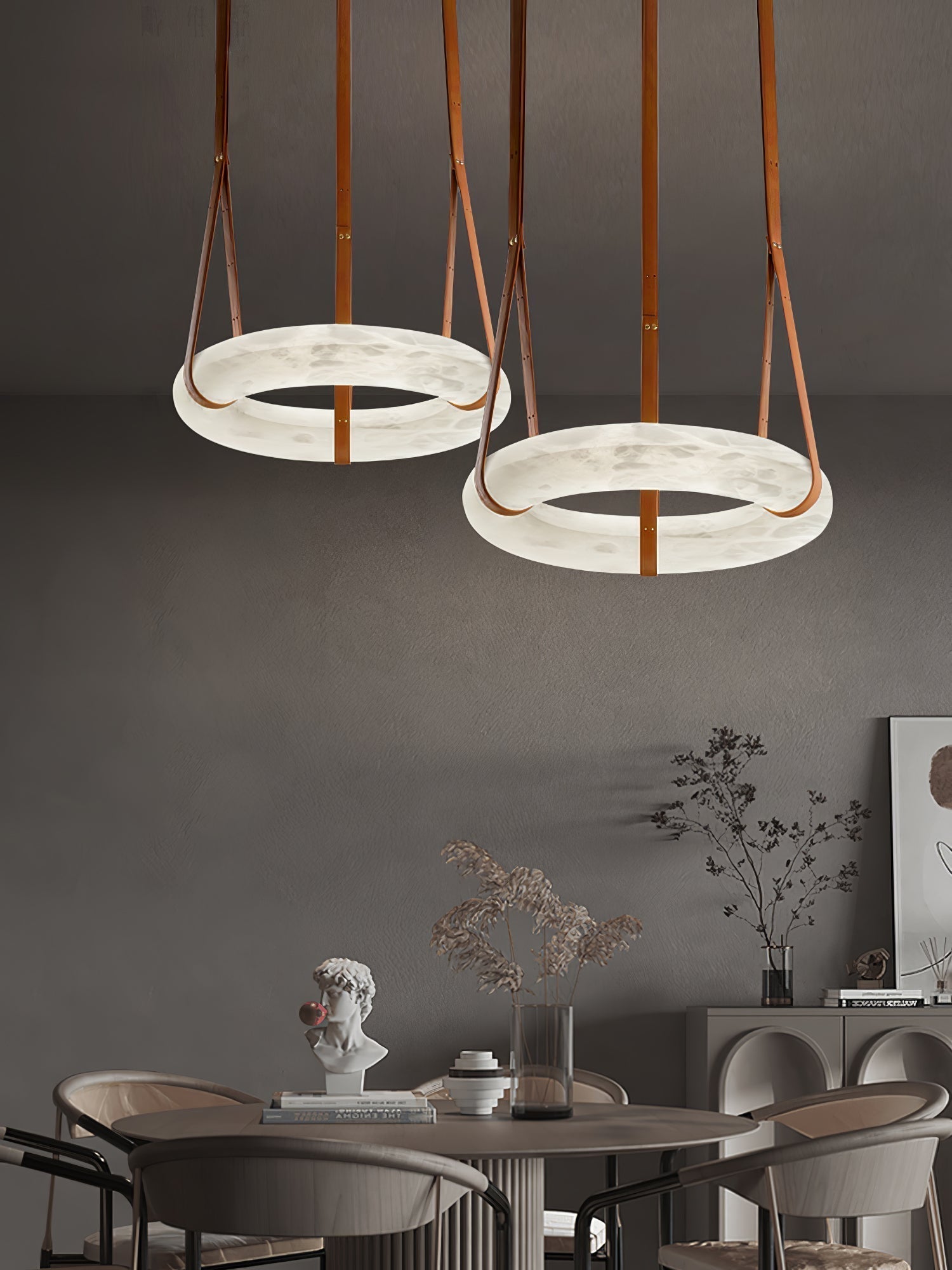 Modern Alabaster Ring LED Pendant Light with Leather Strap Detail