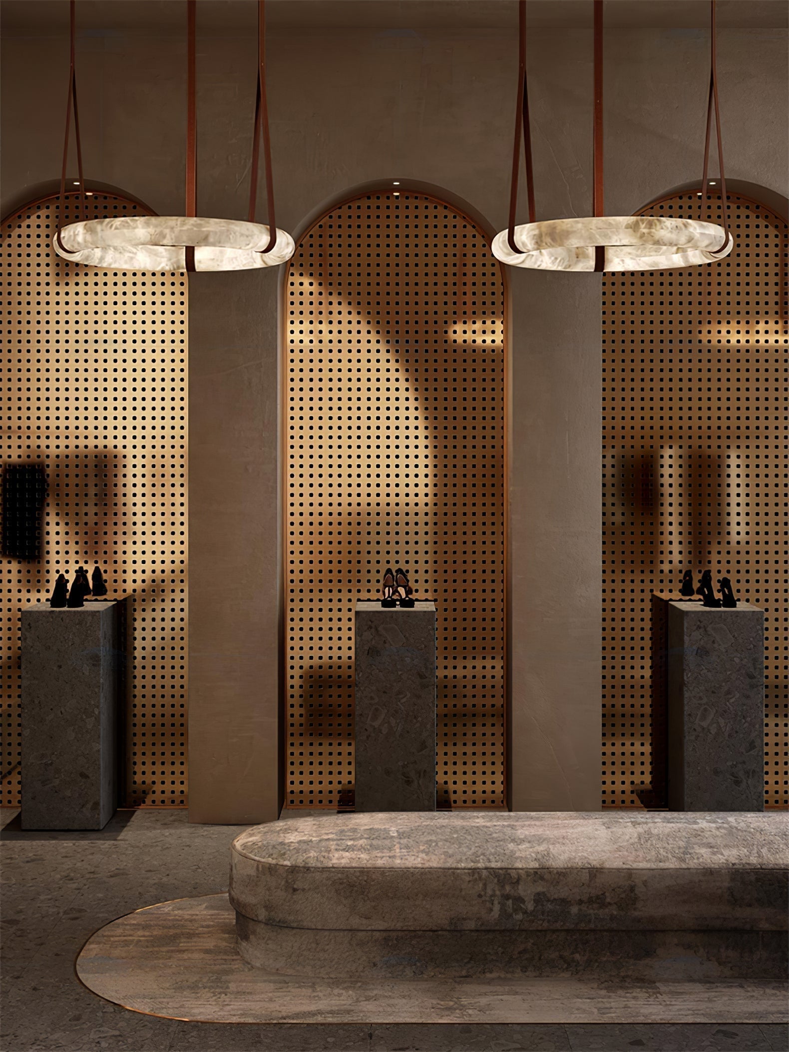 Modern Alabaster Ring LED Pendant Light with Leather Strap Detail