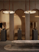 Modern Alabaster Ring LED Pendant Light with Leather Strap Detail