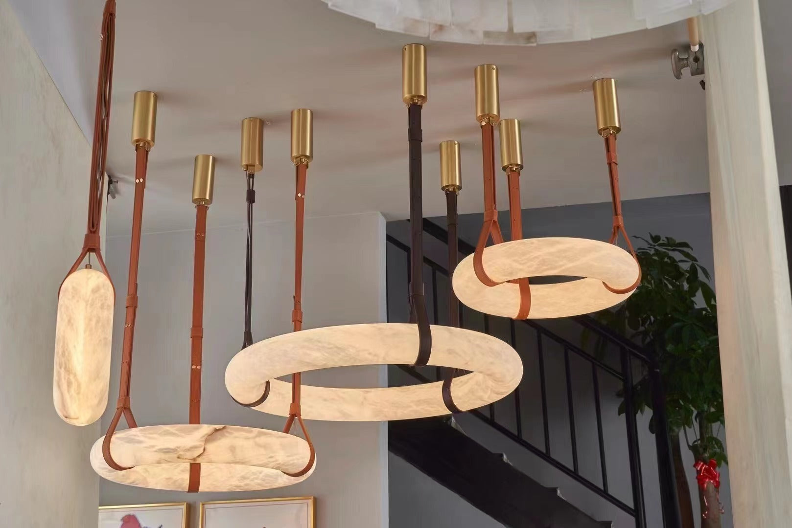 Modern Alabaster Ring LED Pendant Light with Leather Strap Detail