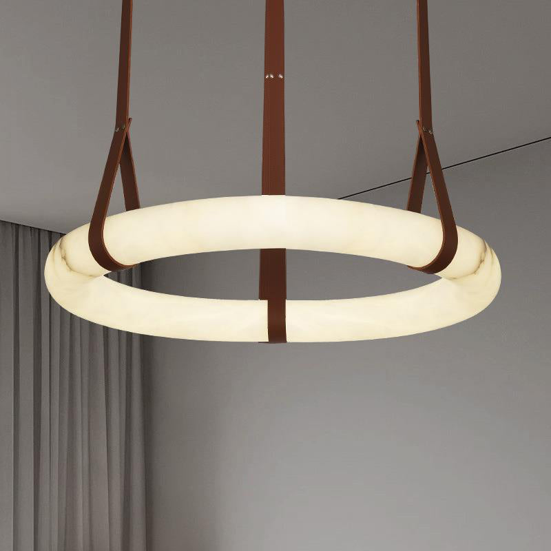 Modern Alabaster Ring LED Pendant Light with Leather Strap Detail
