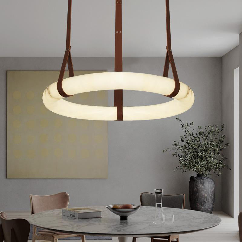 Modern Alabaster Ring LED Pendant Light with Leather Strap Detail