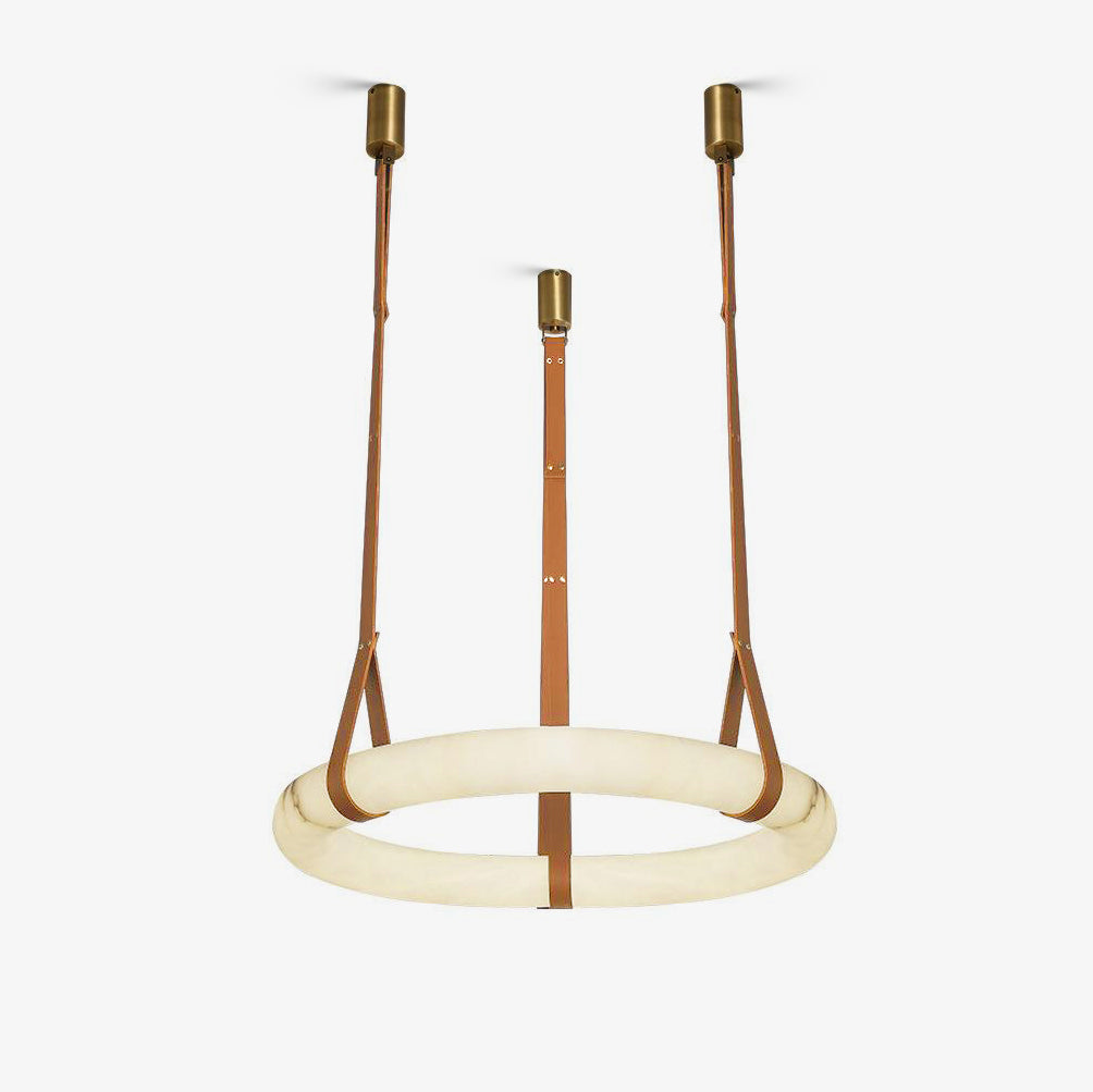 Modern Alabaster Ring LED Pendant Light with Leather Strap Detail