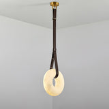 Modern Alabaster Ring LED Pendant Light with Leather Strap Detail