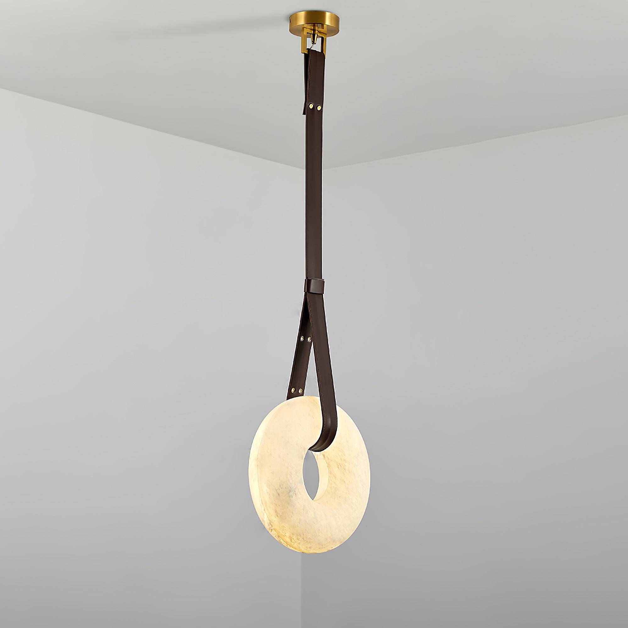 Modern Alabaster Ring LED Pendant Light with Leather Strap Detail