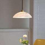 Modern Alabaster Stone Dome Pendant Light with Brass Hardware for Dining Rooms