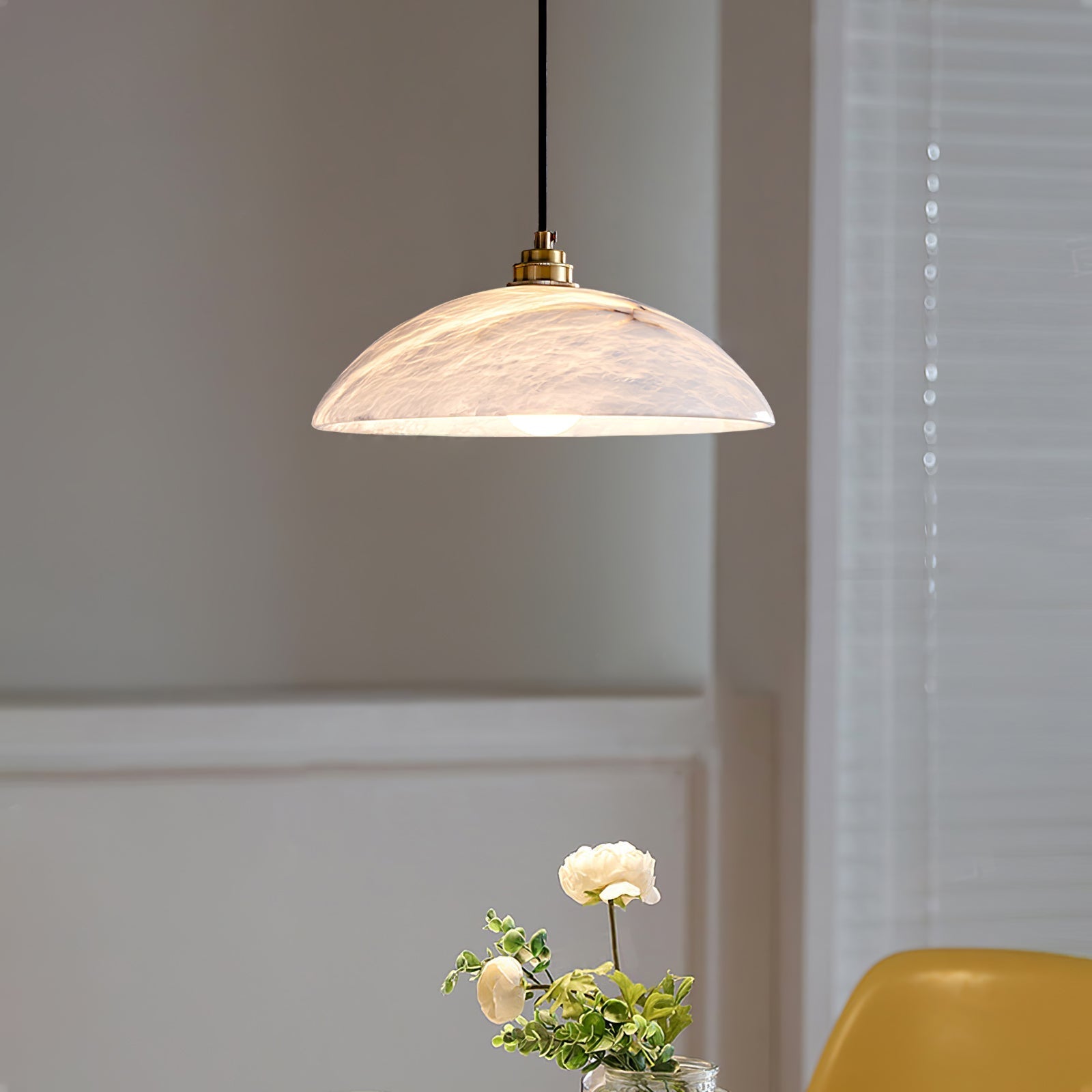 Modern Alabaster Stone Dome Pendant Light with Brass Hardware for Dining Rooms