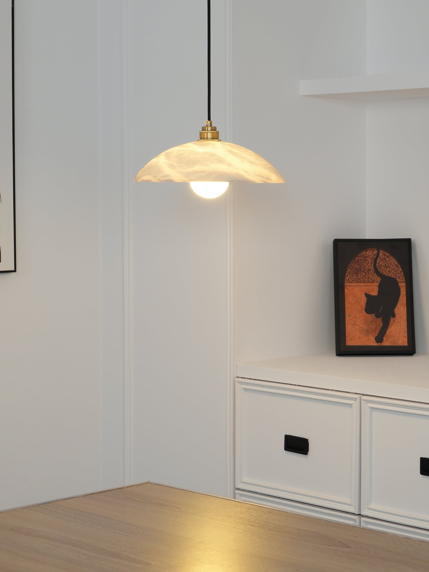 Modern Alabaster Stone Dome Pendant Light with Brass Hardware for Dining Rooms