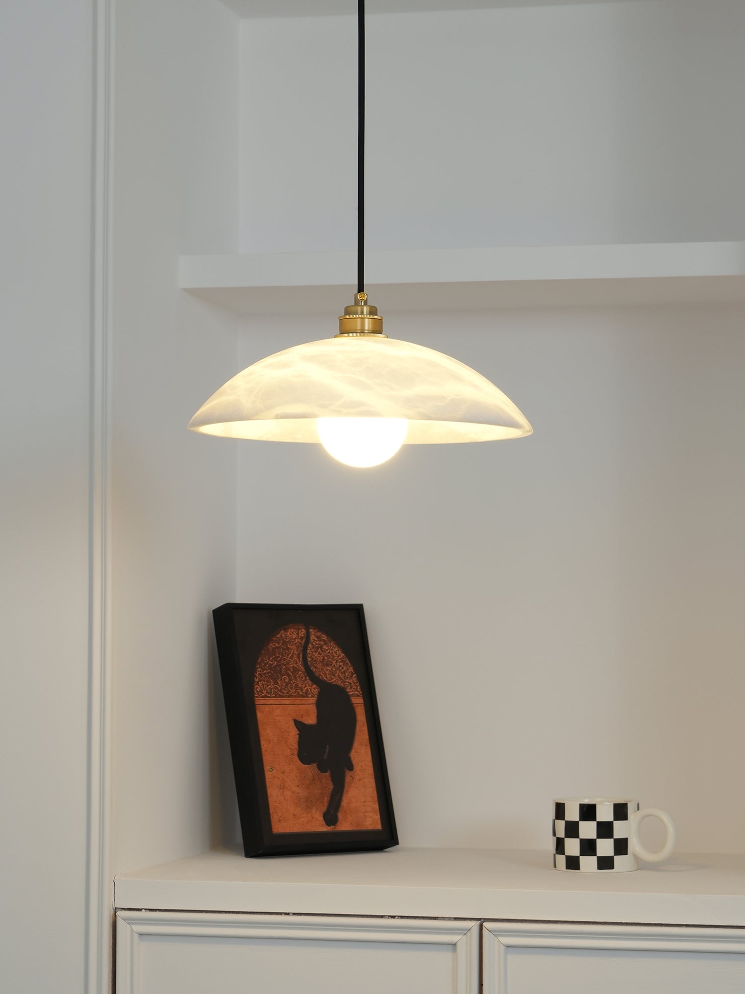Modern Alabaster Stone Dome Pendant Light with Brass Hardware for Dining Rooms