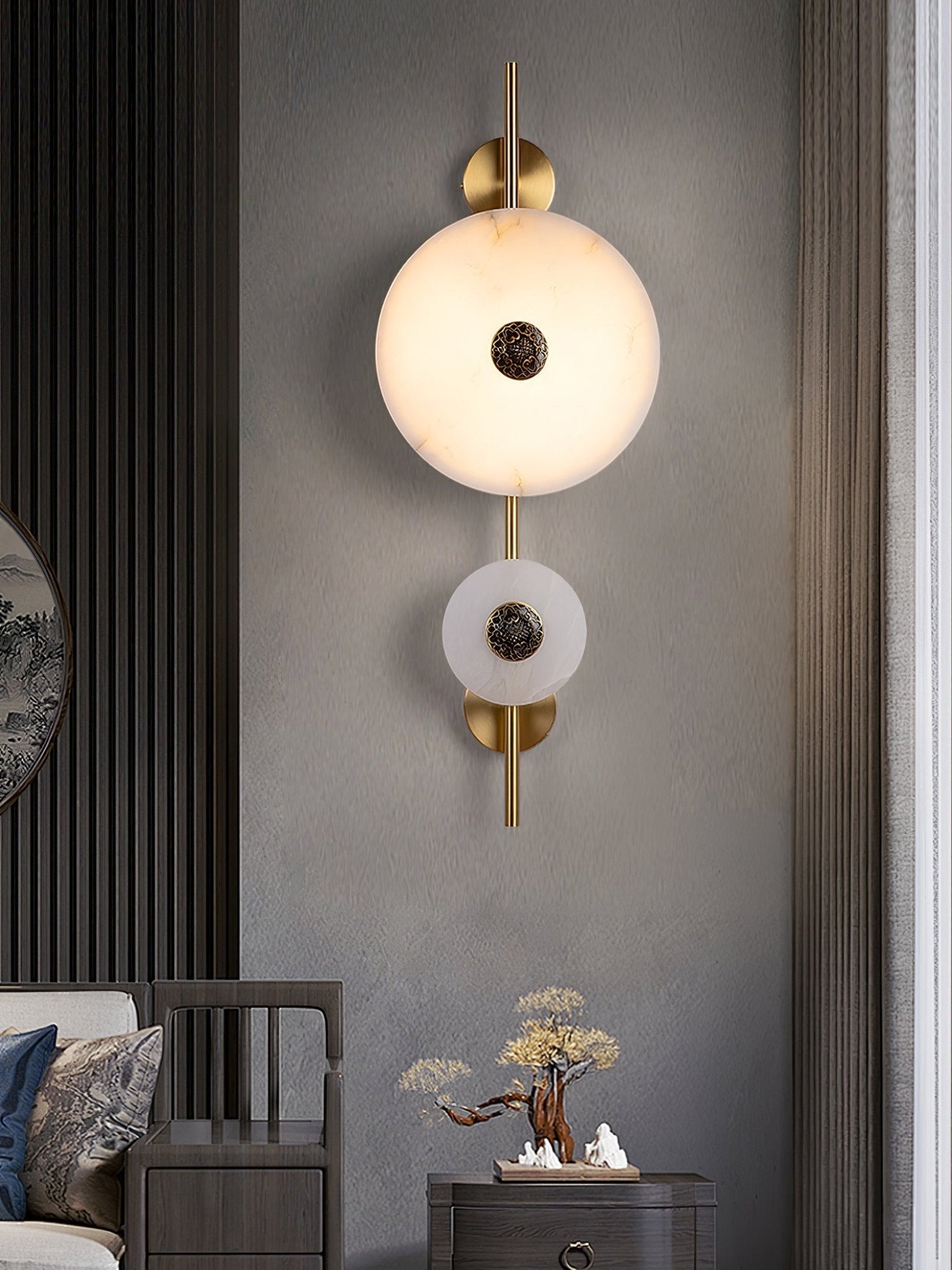Modern Alabaster Stone Eclipse Wall Sconce with Elegant Brass Accents and Integrated LED Lighting