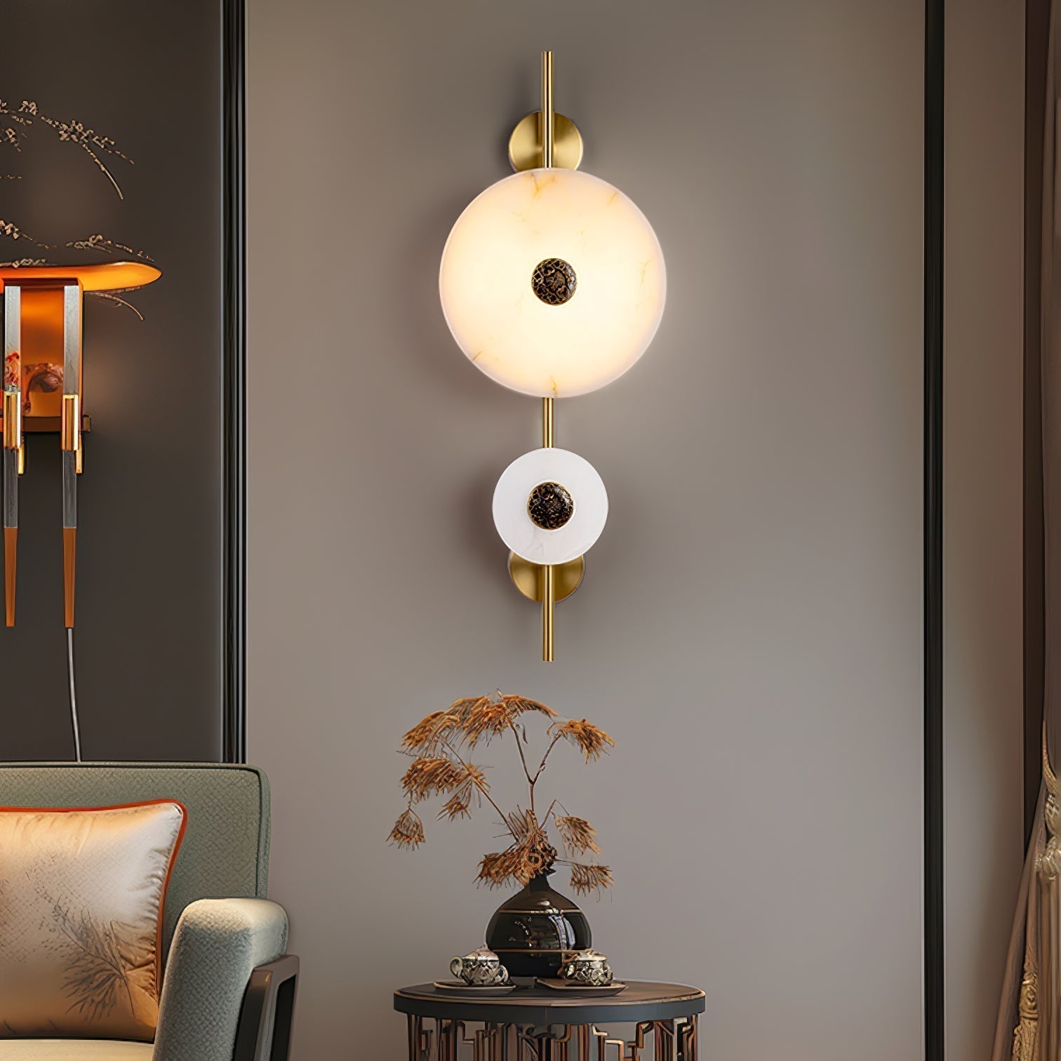 Modern Alabaster Stone Eclipse Wall Sconce with Elegant Brass Accents and Integrated LED Lighting
