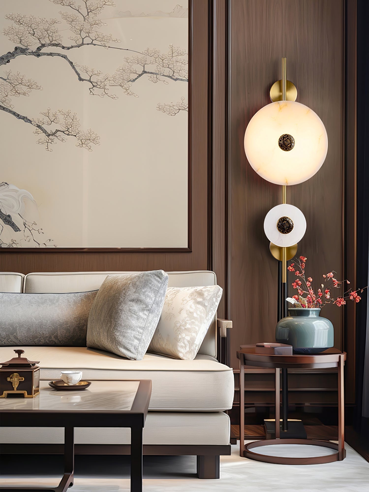 Modern Alabaster Stone Eclipse Wall Sconce with Elegant Brass Accents and Integrated LED Lighting