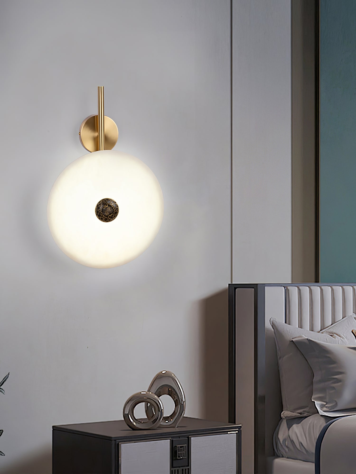 Modern Alabaster Stone Eclipse Wall Sconce with Elegant Brass Accents and Integrated LED Lighting