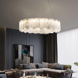 Modern Alabaster Stone Round Chandelier with Brass Accents for Luxury Interiors