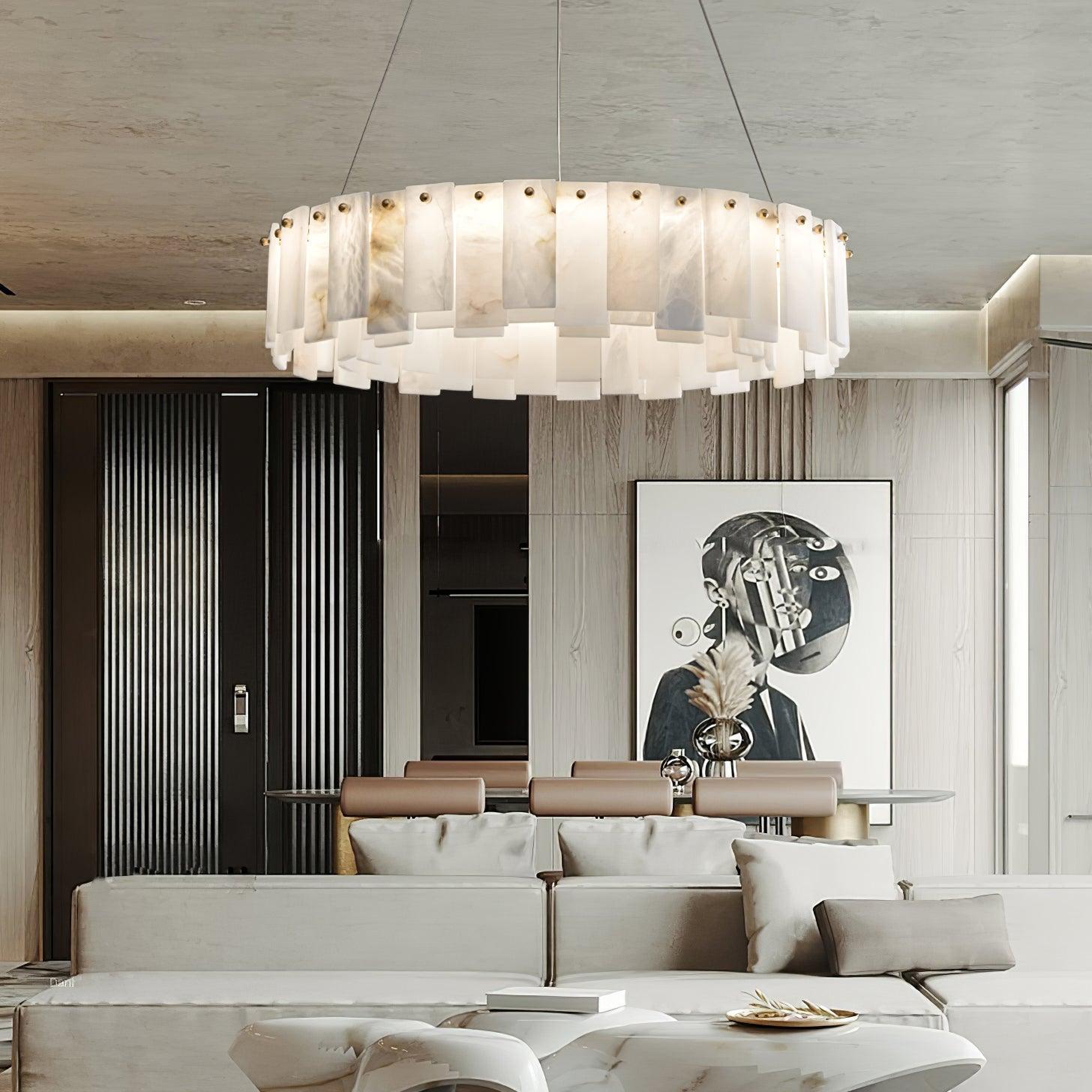 Modern Alabaster Stone Round Chandelier with Brass Accents for Luxury Interiors