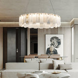 Modern Alabaster Stone Round Chandelier with Brass Accents for Luxury Interiors