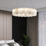 Modern Alabaster Stone Round Chandelier with Brass Accents for Luxury Interiors