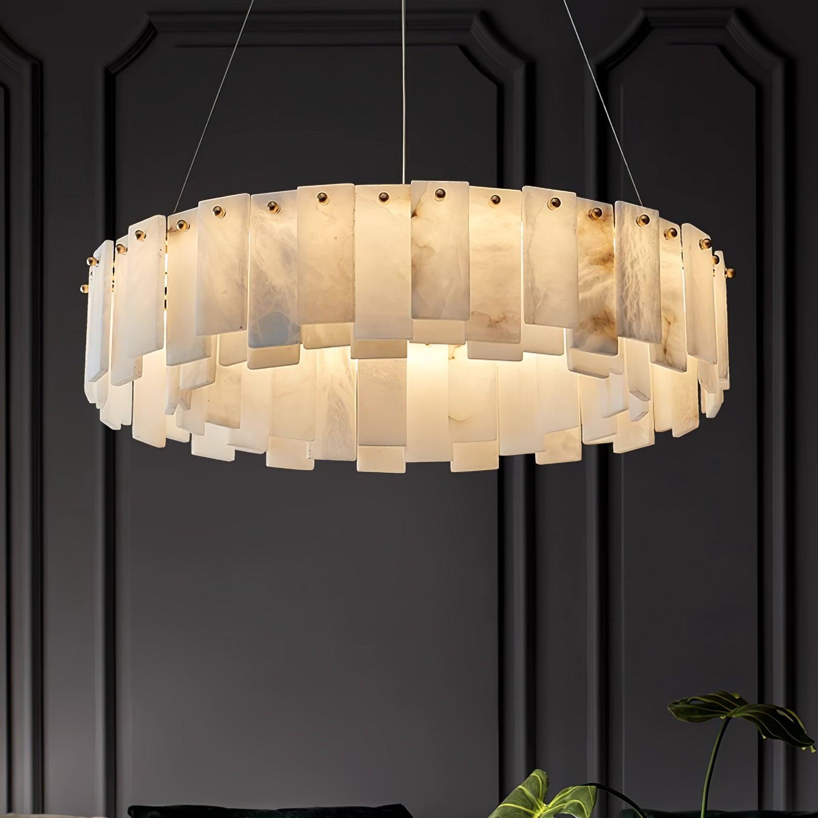 Modern Alabaster Stone Round Chandelier with Brass Accents for Luxury Interiors