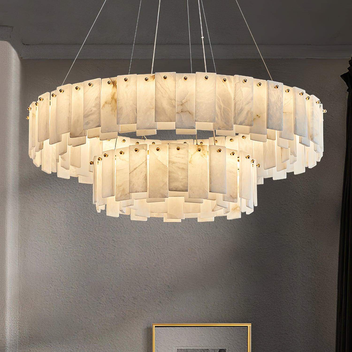 Modern Alabaster Stone Round Chandelier with Brass Accents for Luxury Interiors