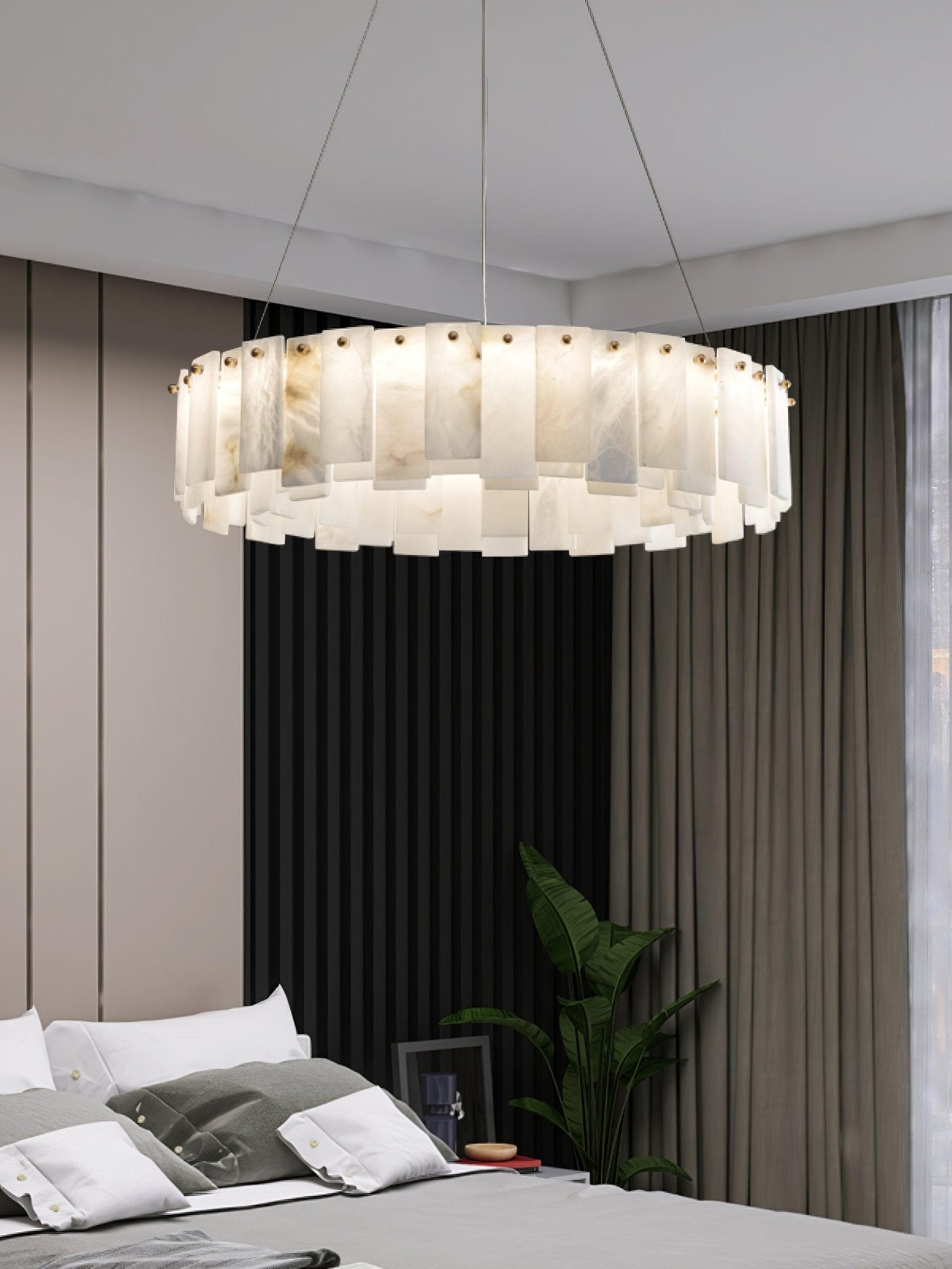 Modern Alabaster Stone Round Chandelier with Brass Accents for Luxury Interiors