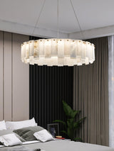 Modern Alabaster Stone Round Chandelier with Brass Accents for Luxury Interiors