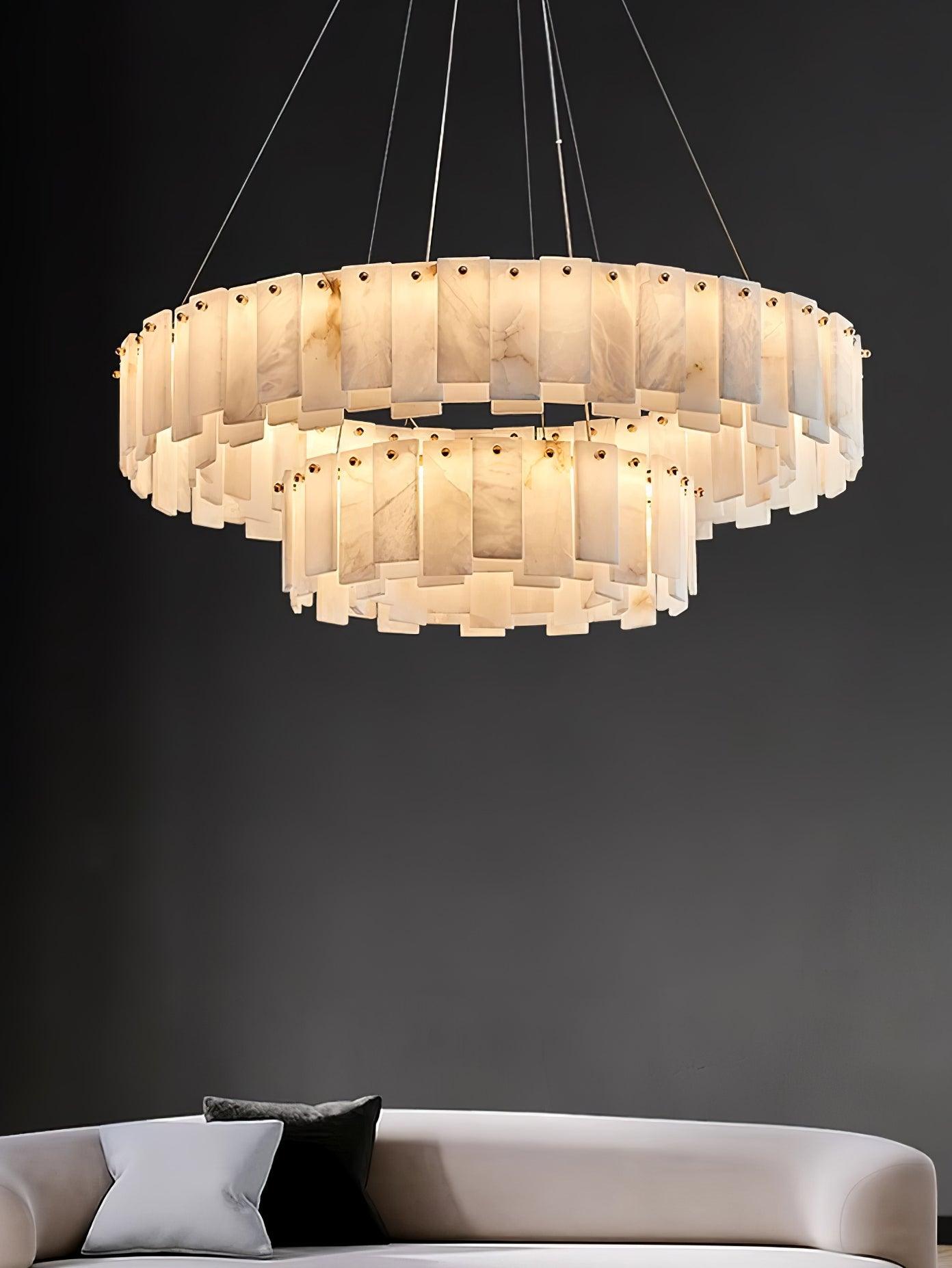 Modern Alabaster Stone Round Chandelier with Brass Accents for Luxury Interiors