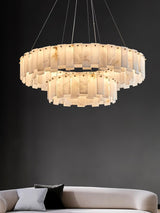 Modern Alabaster Stone Round Chandelier with Brass Accents for Luxury Interiors