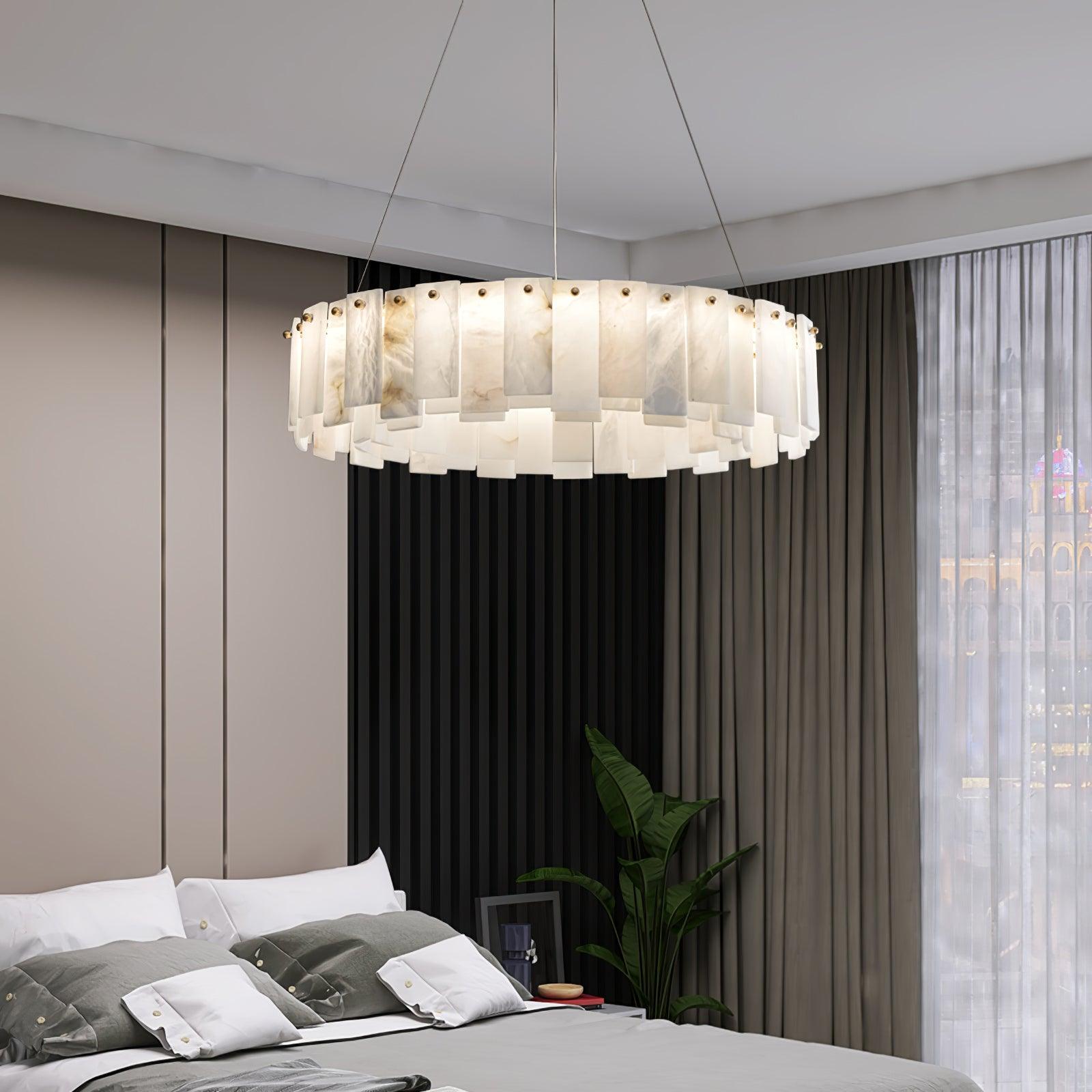 Modern Alabaster Stone Round Chandelier with Brass Accents for Luxury Interiors