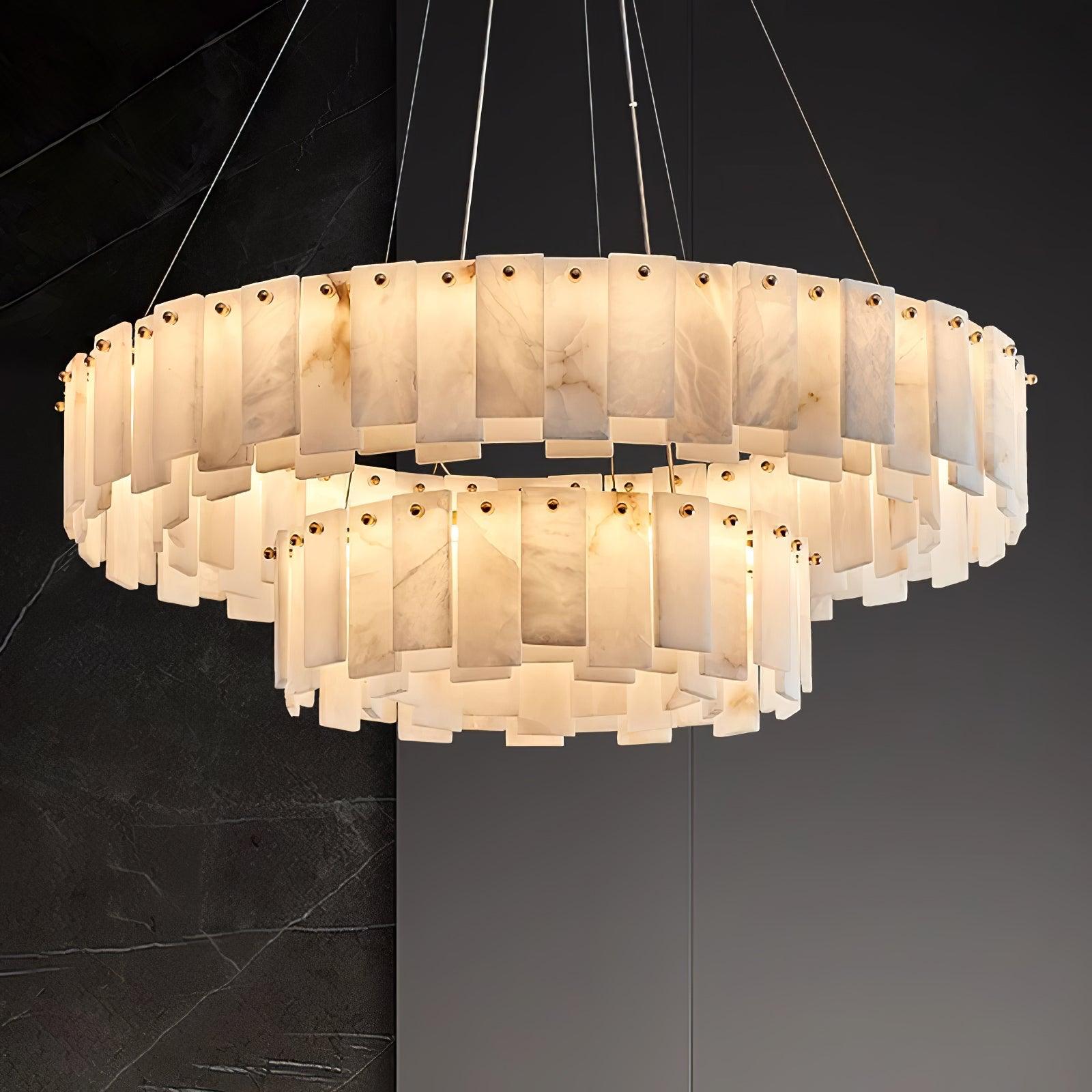 Modern Alabaster Stone Round Chandelier with Brass Accents for Luxury Interiors
