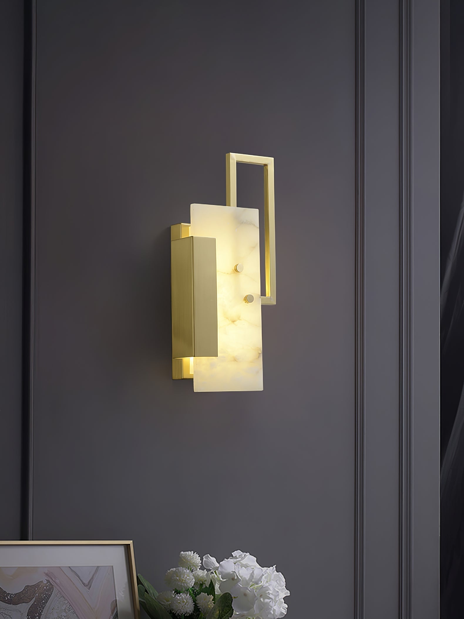 Modern Althea Alabaster LED Wall Sconce with Brass Finish for Living Room Hallway Lighting