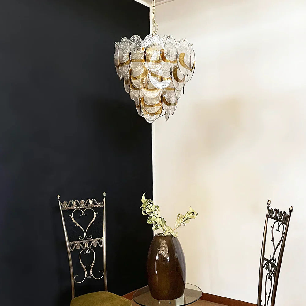 modern-amber-and-transparent-glass-sheet-chandelier-with-gold-or-chrome-metal-frame