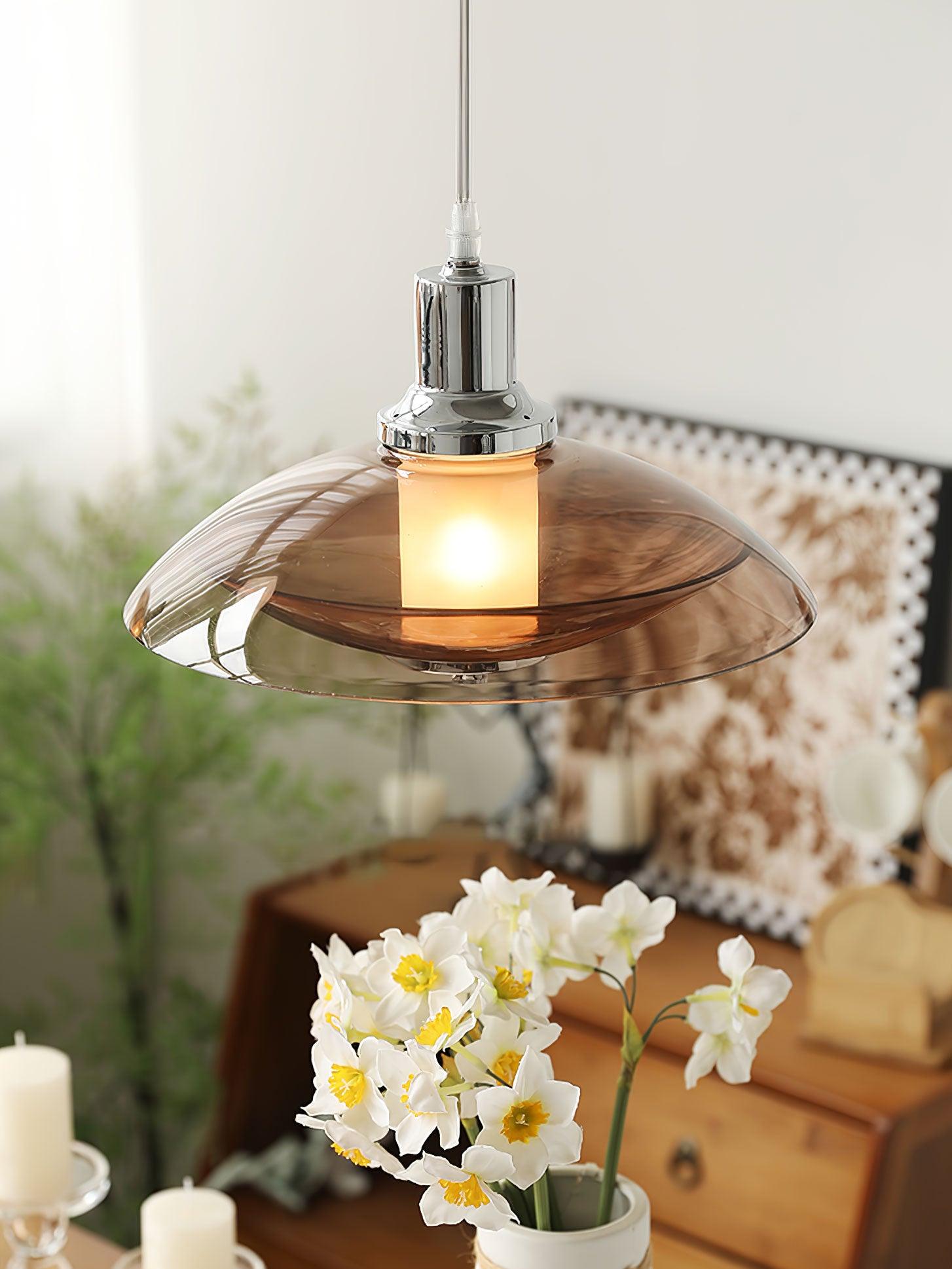 Modern Amber Glass Flying Saucer Chrome Pendant Light for Dining Room