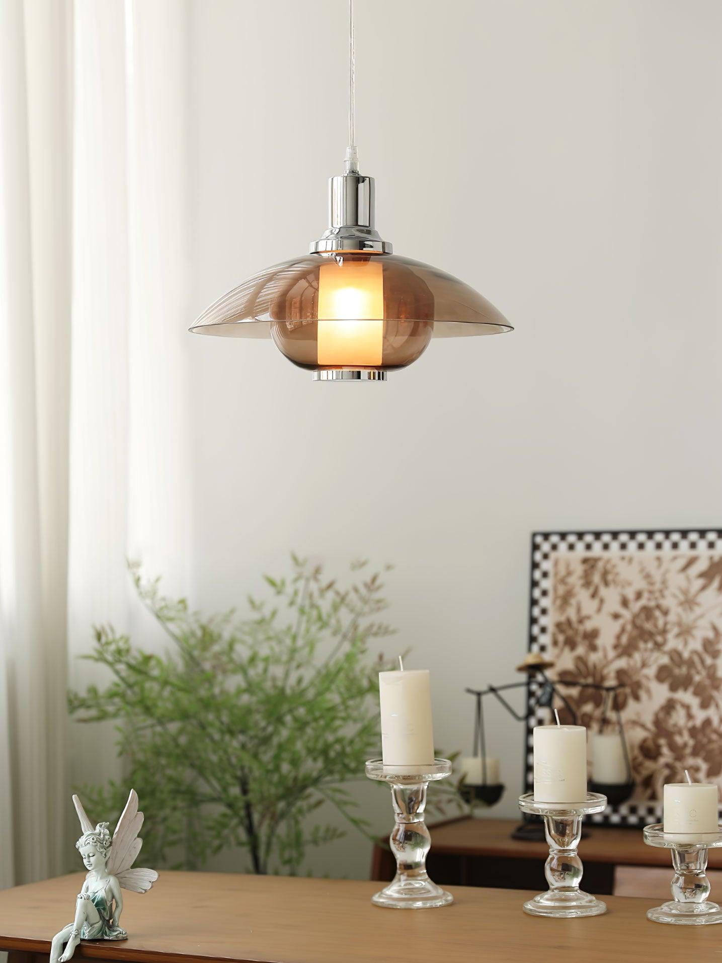 Modern Amber Glass Flying Saucer Chrome Pendant Light for Dining Room