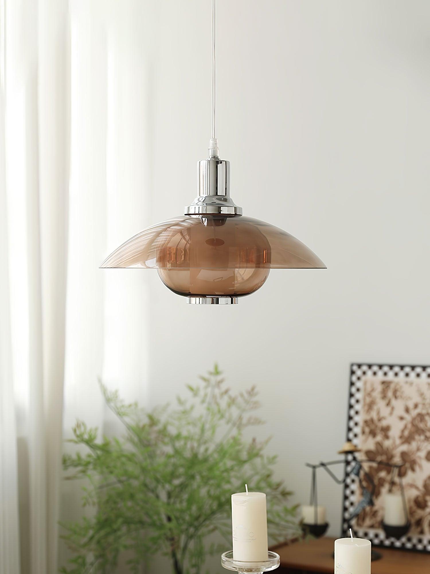 Modern Amber Glass Flying Saucer Chrome Pendant Light for Dining Room