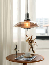 Modern Amber Glass Flying Saucer Chrome Pendant Light for Dining Room