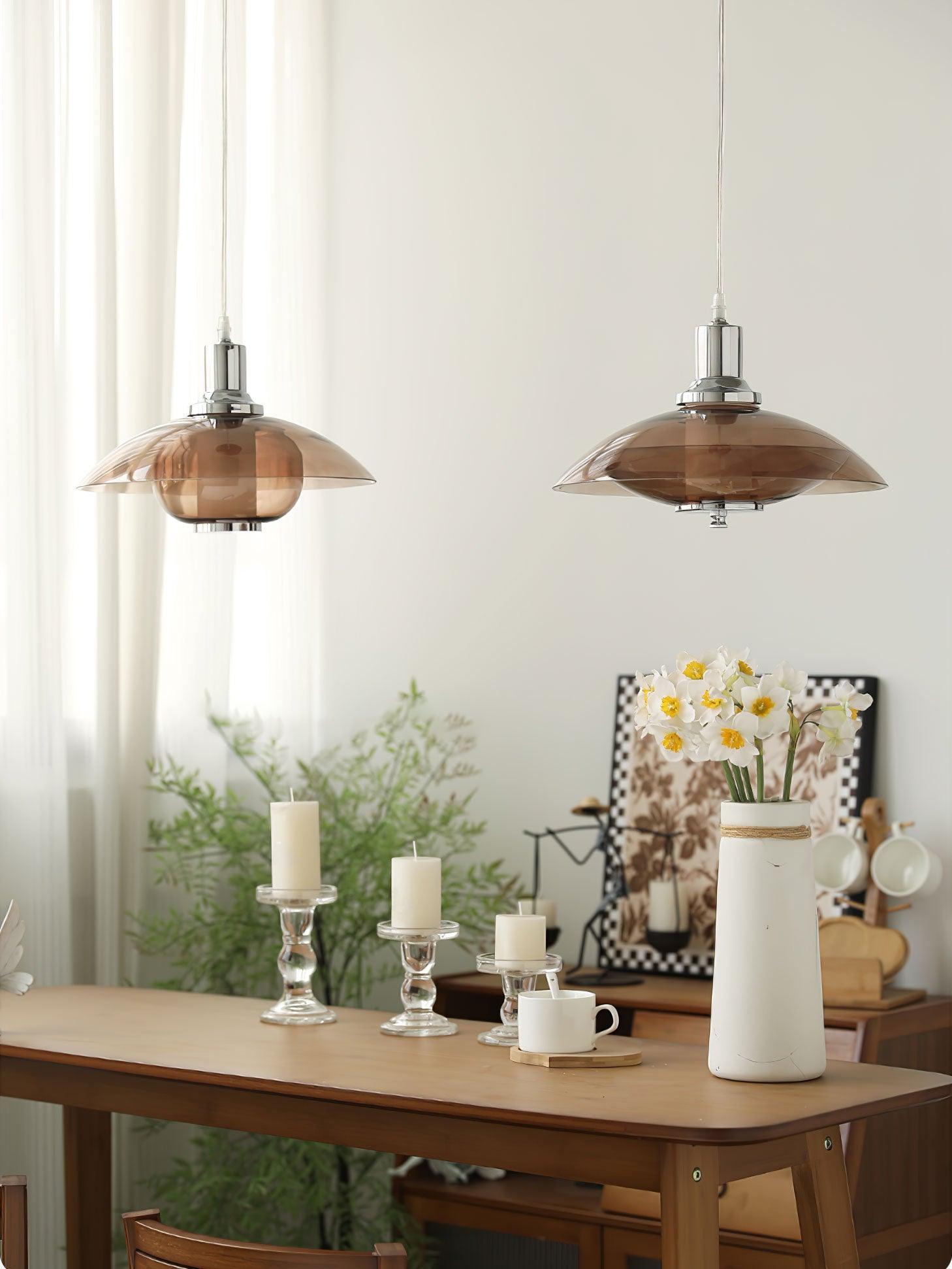 Modern Amber Glass Flying Saucer Chrome Pendant Light for Dining Room