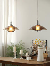 Modern Amber Glass Flying Saucer Chrome Pendant Light for Dining Room