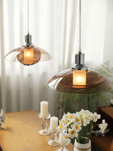 Modern Amber Glass Flying Saucer Chrome Pendant Light for Dining Room