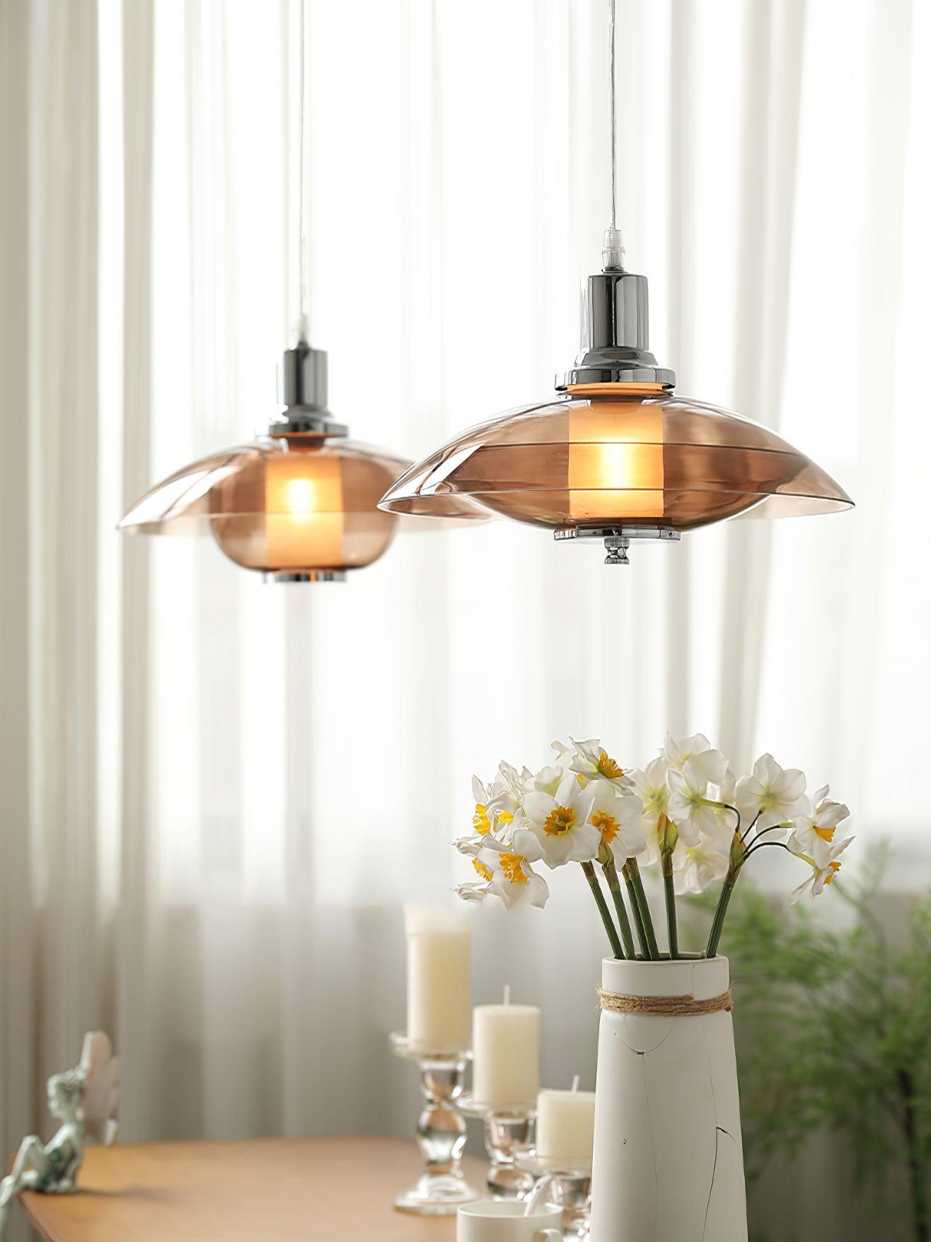 Modern Amber Glass Flying Saucer Chrome Pendant Light for Dining Room